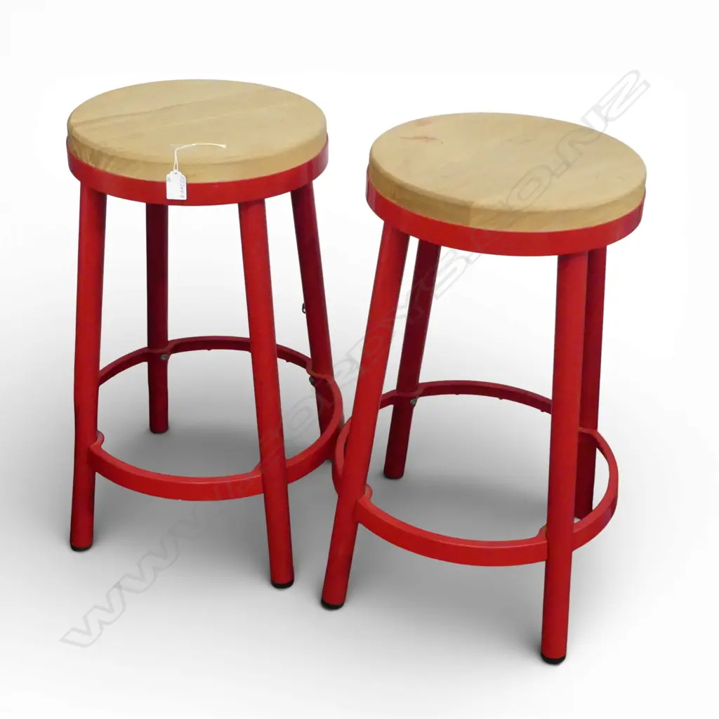 PR RED PAINTED METAL BAR STOOLS with pale wood tops Image 1++