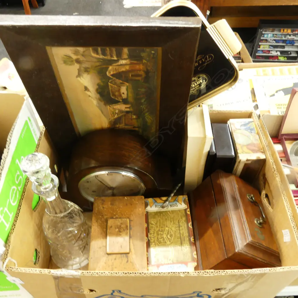 BOX OF ASST. COLLECTABLES etc; 2 TEA CADDIES, VINTAGE TOBACCO BOXES, EARLY PAINTING (AF), etc Image 1++
