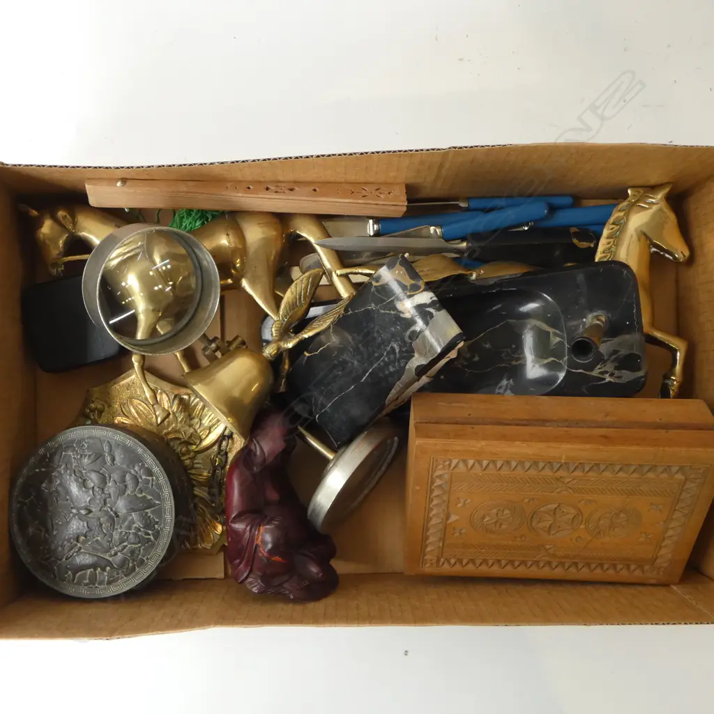 ASST. ITEMS; MICROSCOPE ON STAND, PR BRASS HORSES ETC Image 1++