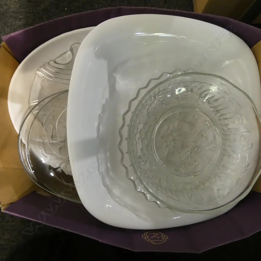 BOX OF PRESSED GLASS PLATTERS  WHITE CHINA BOWL & PLATTER  Image 1++