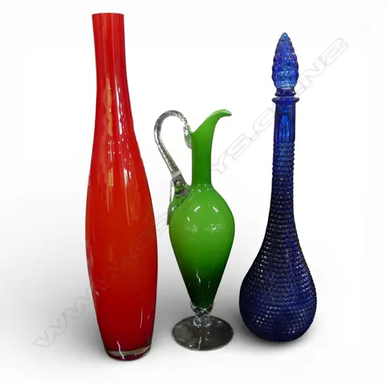 3 PCES GLASS; RED VASE H.490mm, GREEN JUG, BLUE GENIE BOTTLE H.465mm