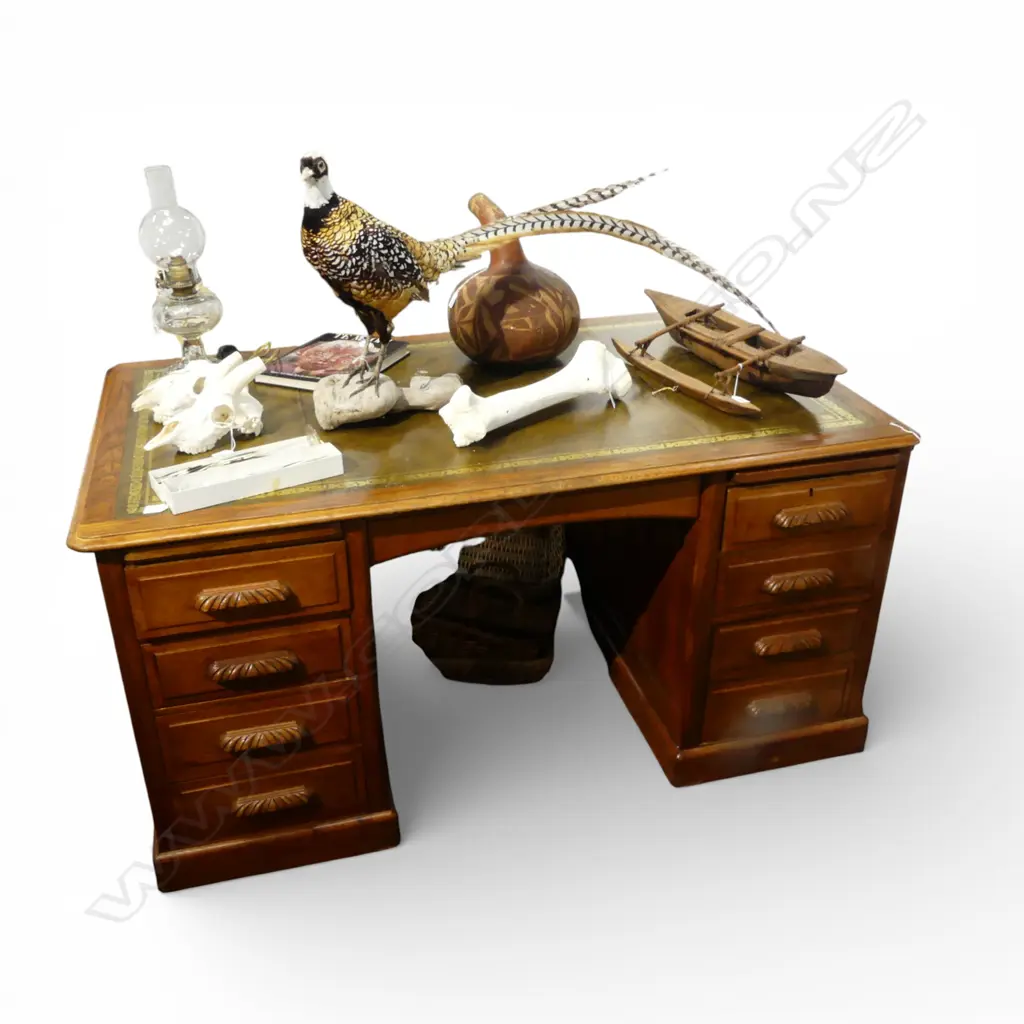 OAK TWIN PEDESTAL DESK tooled green leather top 1540x890x770mm Image 1++