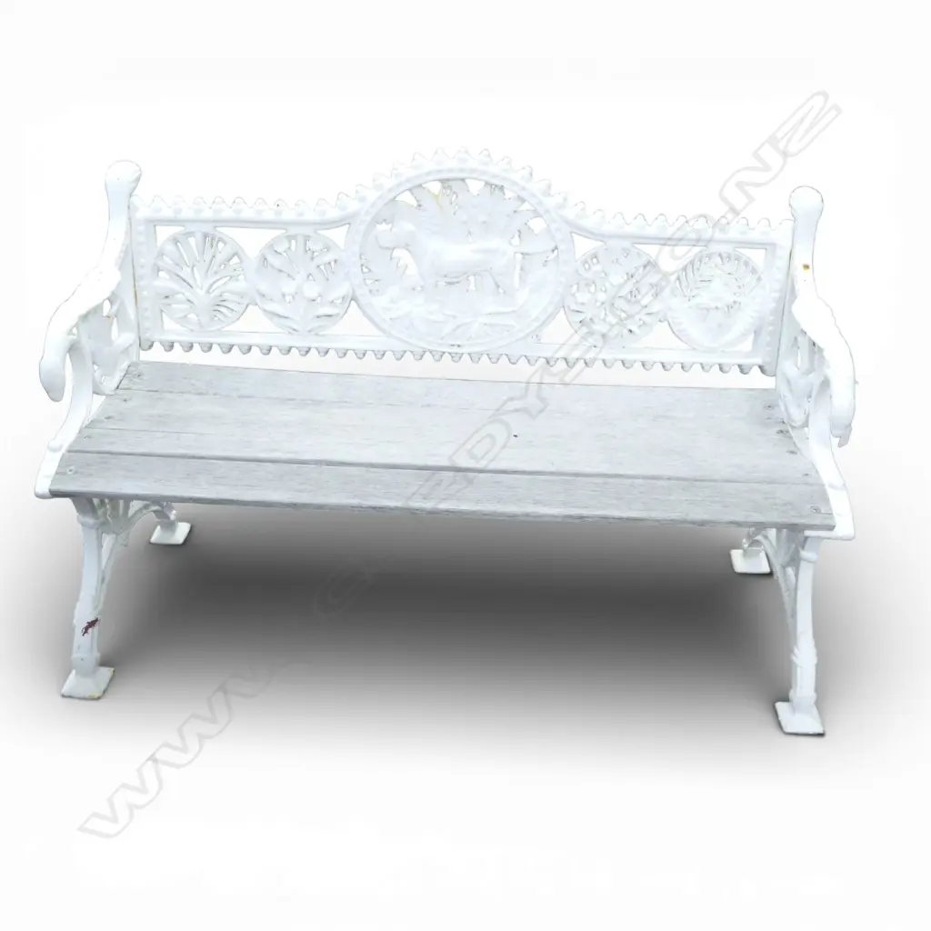 ANTIQUE WHITE PAINTED CAST IRON GARDEN BENCH, COALBROOKDALE STYLE 1300x500x800mm Image 1++