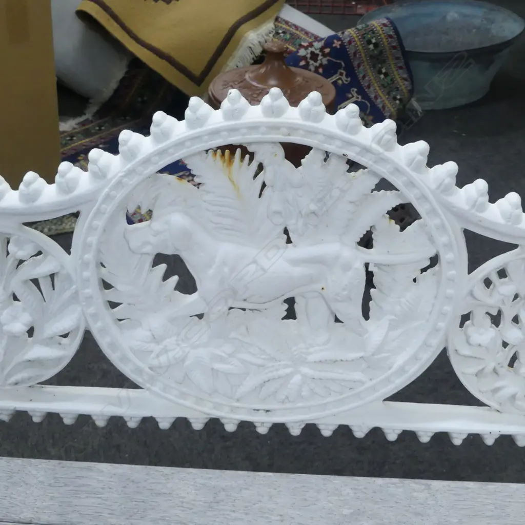 ANTIQUE WHITE PAINTED CAST IRON GARDEN BENCH, COALBROOKDALE STYLE 1300x500x800mm Image 1++