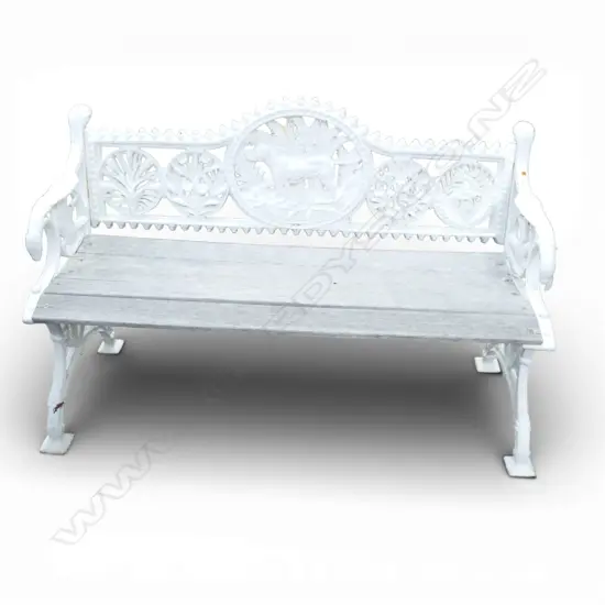 ANTIQUE WHITE PAINTED CAST IRON GARDEN BENCH, COALBROOKDALE STYLE 1300x500x800mm