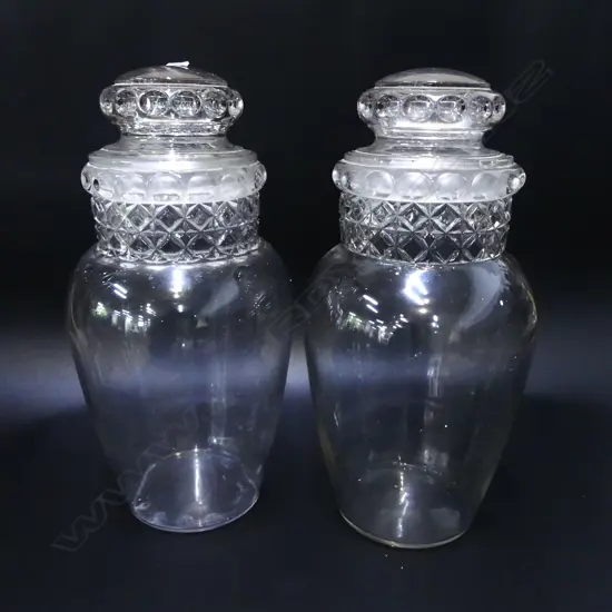 2 VINTAGE LIDDED GLASS JARS H.375mm CHIPS TO RIMS