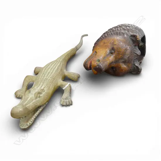 BRASS CROCODILE L.450mm, CARVED WOODEN WALL MOUNTED BEAR HEAD 