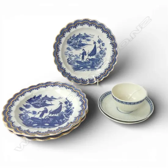 ANTIQUE WORCESTER CUP & SAUCER + EXTRA SAUCER & 3 ANTIQUE B/W PLATES