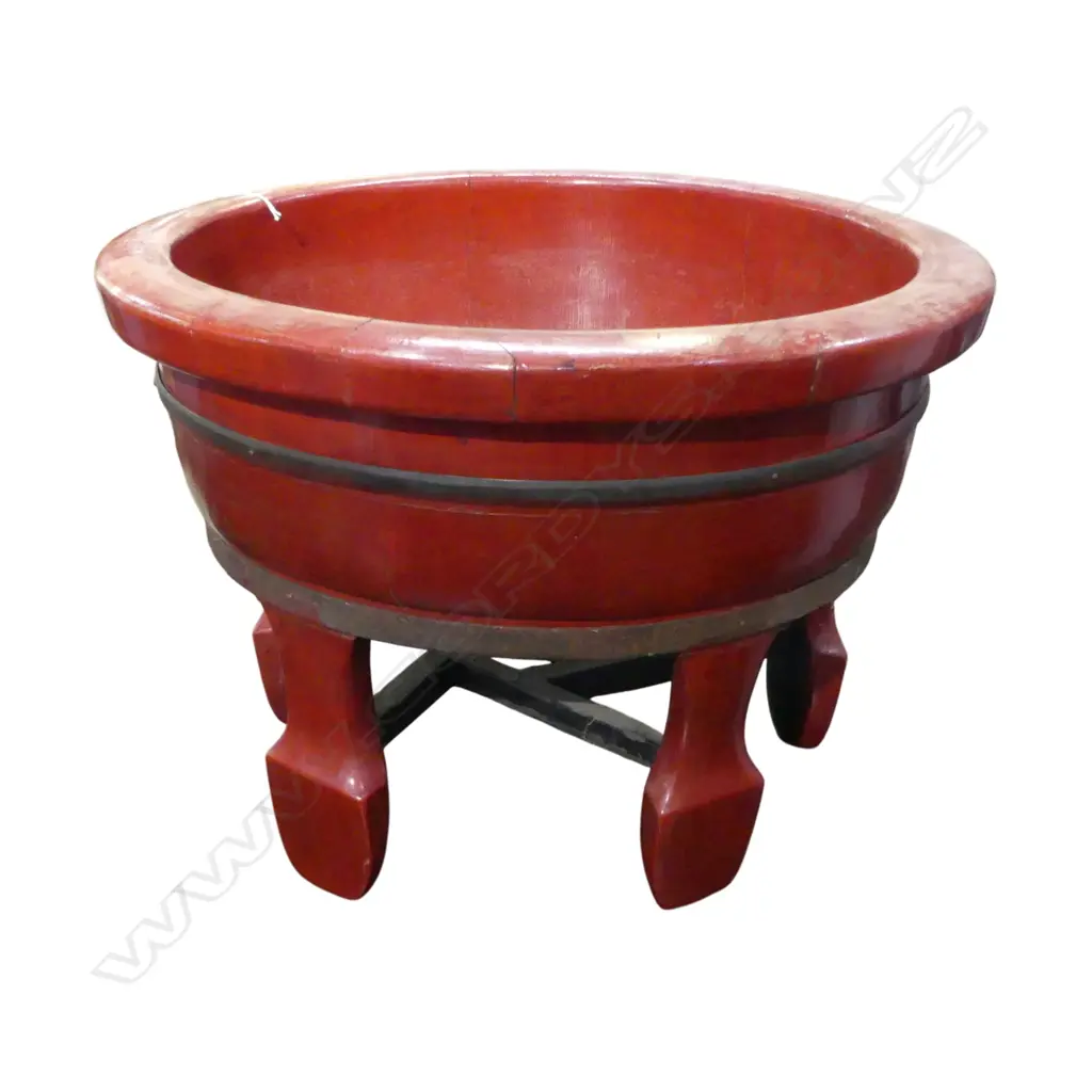 ANTIQUE CHINESE RED LACQUER BASIN ON STAND H380mm, 530mm dia Image 1++