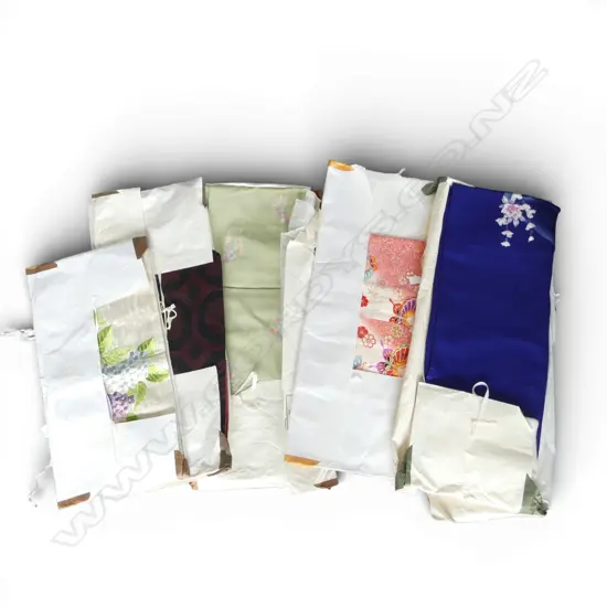 FOUR VINTAGE KIMONO IN ORIGINAL PACKAGING + OBI