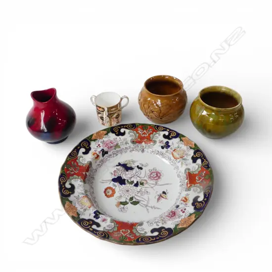 5 CERAMICS; 2 AMBRICO EARLY CROWN LYNN VASES H.85mm, R. DOULTON VEINED FLAMBE VASE, DERBY CUP, IRONSTONE PLATE 260mm dia