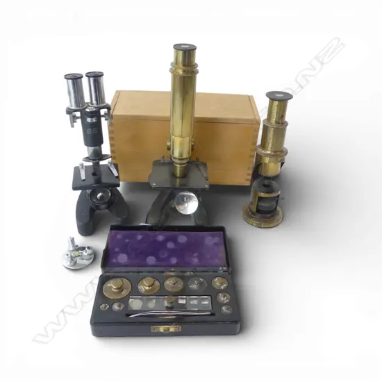 3 MICROSCOPES + CASED WEIGHTS