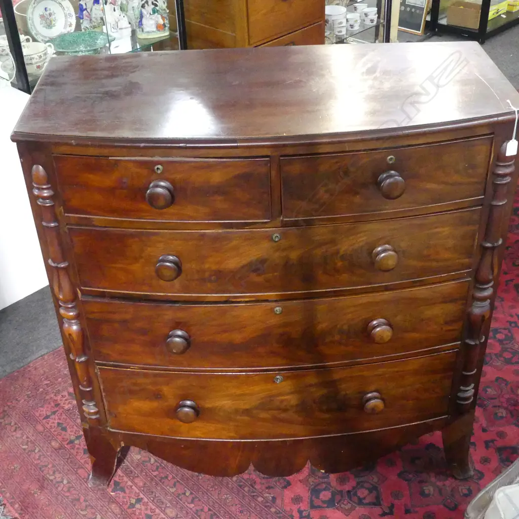 MAHOGANY GEORGIAN BOW FRONT CHEST OF DRAWERS with later details, vaneer fault 1100x515x1150mm Image 1++