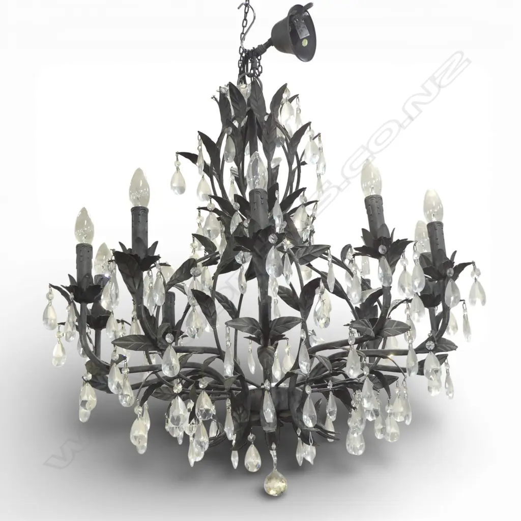 CHANDELIER 10 branch, leaf metal work, crystal droplets (some missing) H.900mm approx. Image 1++