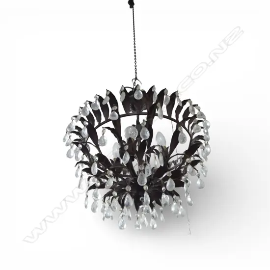 CHANDELIER 4 branch, leaf metal work, crystal droplets (some missing) H.480mm