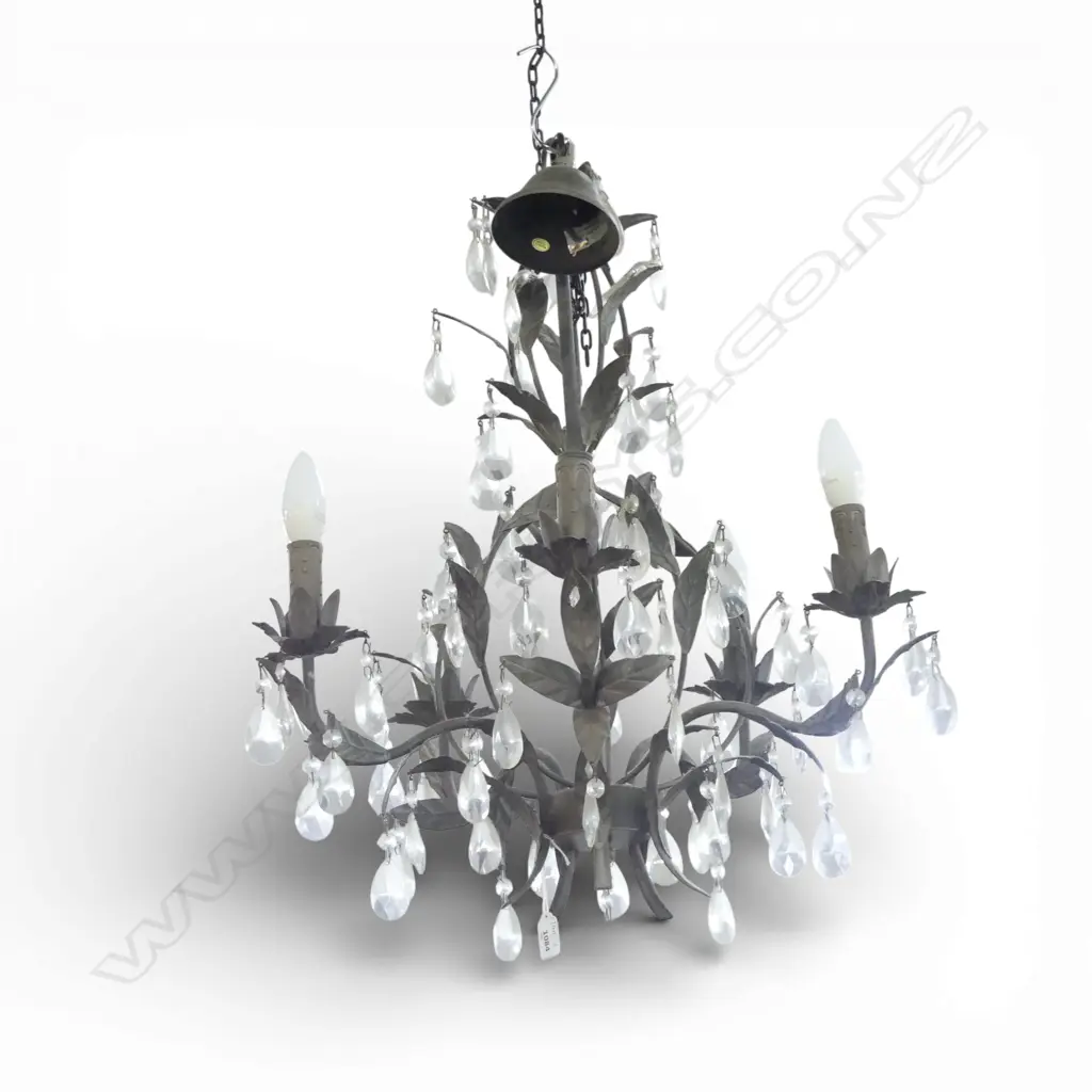 CHANDELIER 5 branch, leaf metal work, crystal droplets (some missing) H.775mm approx. Image 1++