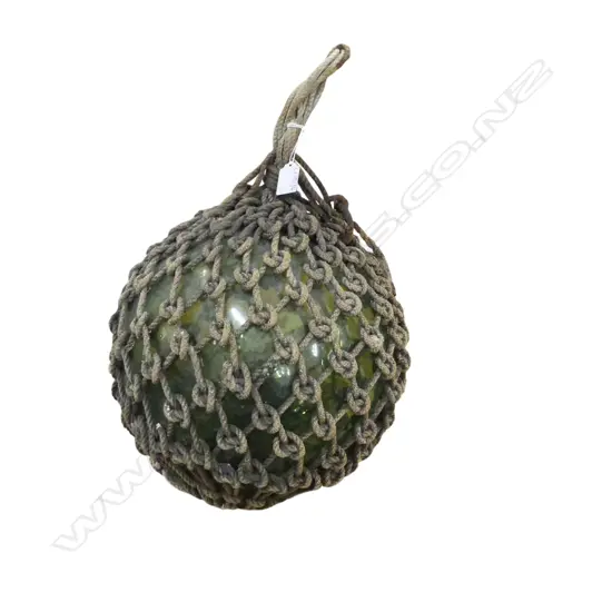 OLD GLASS FISHING FLOAT w. NETTING 330mm dia