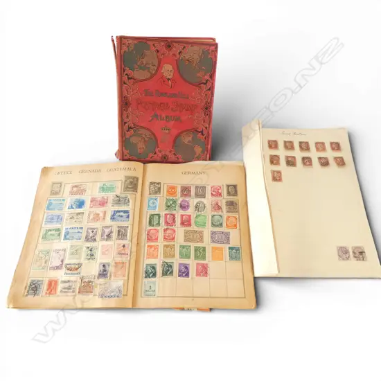 2 VINTAGE STAMP ALBUMS + 3 LOOSE SHEETS 