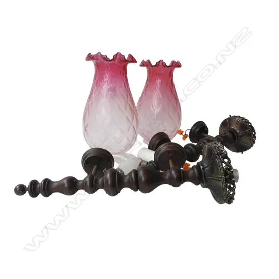 PR OF CRANBERRY GLASS WALL  LAMPS WOODEN BRACKETS