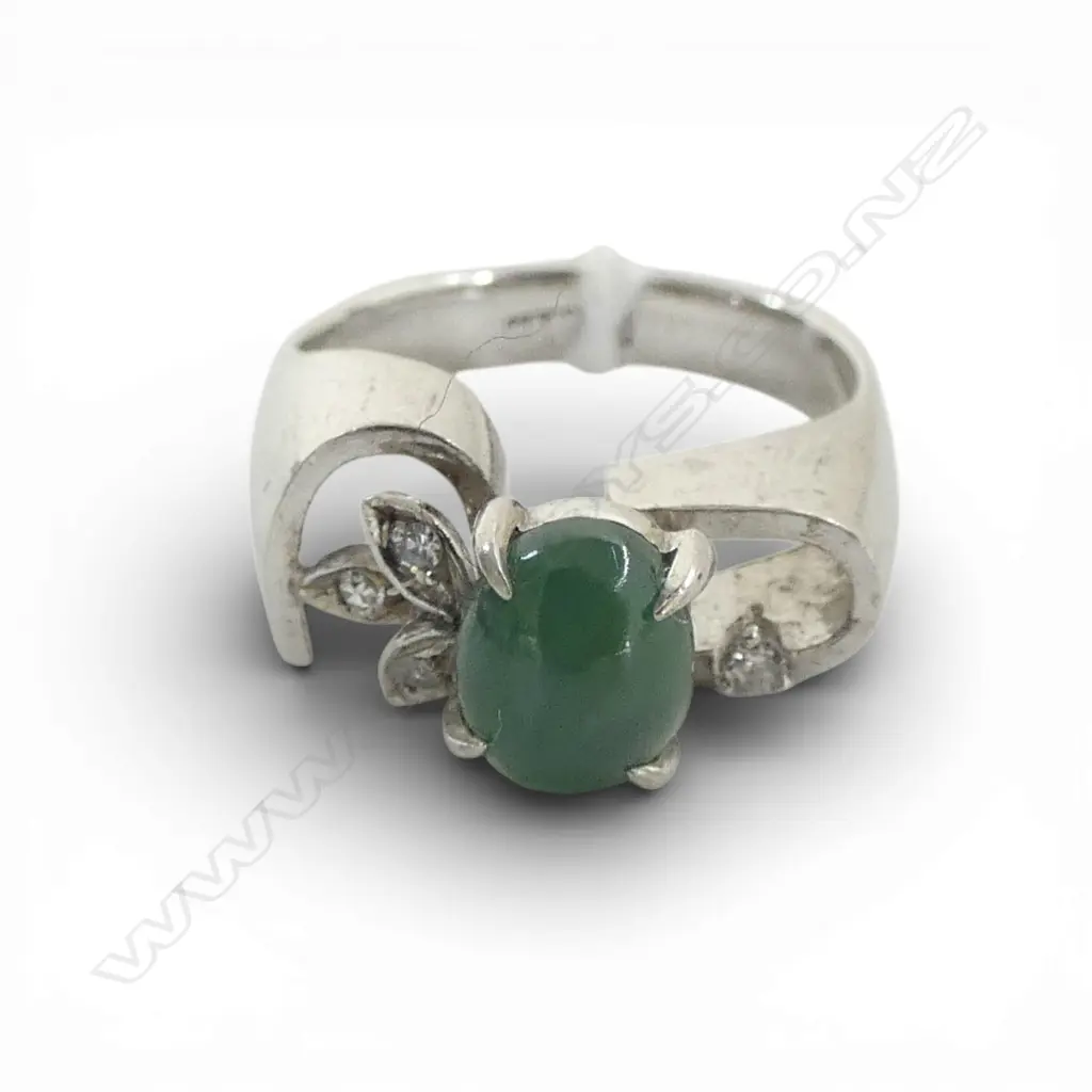 JADE/DIAMOND & SILVER METAL RING (TESTED) SIZE K Image 1++