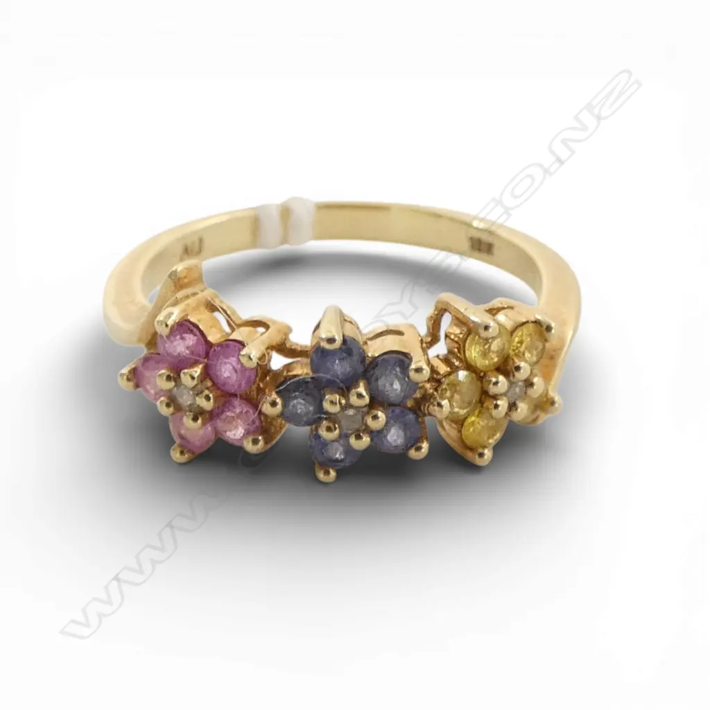 10ct PINK/YELLOW/BLUE SAPPHIRE & DIAMOND RING, 2.34gm SIZE O Image 1++