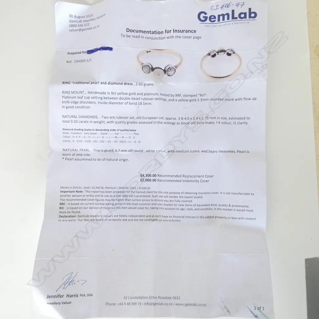 9ct GOLD 2 DIAMOND (TDW. 0.50ct)  & NATURAL PEARL RING. Valuation. $4,300 replacement. 2.6gms SIZE P Image 1++