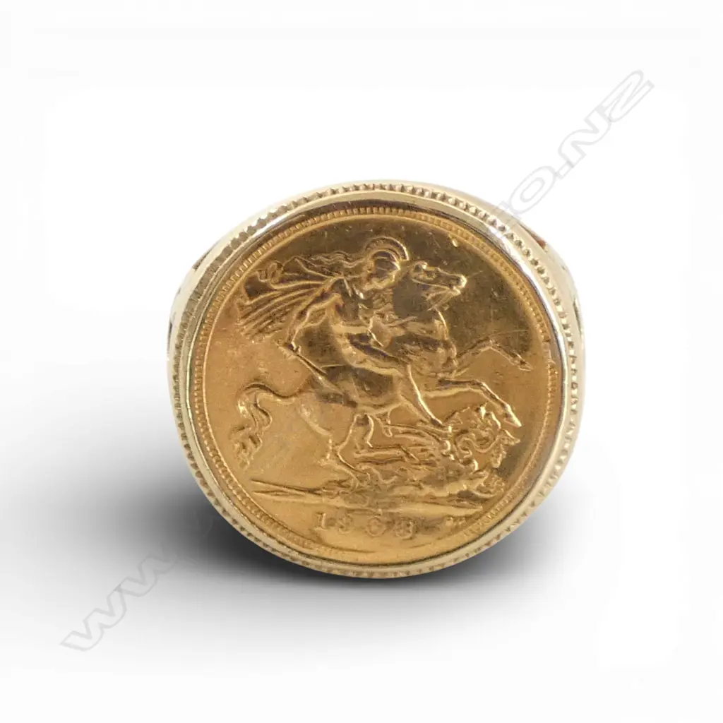 1908 SYD. GOLD SOVEREIGN 9ct GOLD RING, 11.46gms, sovereign 7.9gms mount 3.56gm SIZEW Image 1++
