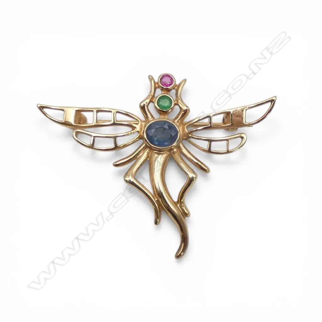 9ct GOLD SAPPHIRE, EMERALD & RUBY DRAGONFLY BROOCH, 3.57gm Image 1++