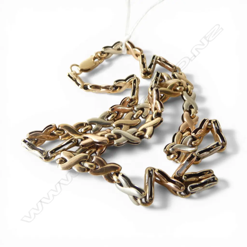 DESIGNER 9ct YELLOW GOLD 3 colour gold X-link NECK CHAIN L.440mm. 12.38gms Image 1++