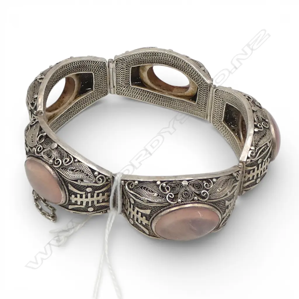CHINESE VINTAGE FILAGREE SILVER & ROSE QUARTZ  BRACELET, 55gms Image 1++