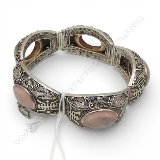 CHINESE VINTAGE FILAGREE SILVER & ROSE QUARTZ  BRACELET, 55gms