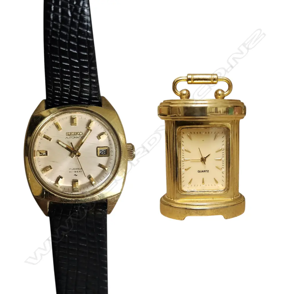 VINTAGE GP SEIKO HI-BEAT, 17-JEWEL MECHANICAL MOVEMENT AND MINIATURE BRASS CARRIAGE CLOCK QUARTZ MOVEMENT Image 1++