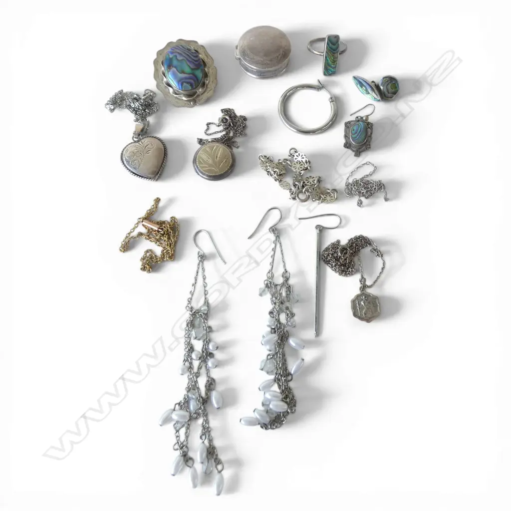 ASST SILVER & OTHER JEWELLERY: paua brooch + ring etc + rouge pot etc Image 1++