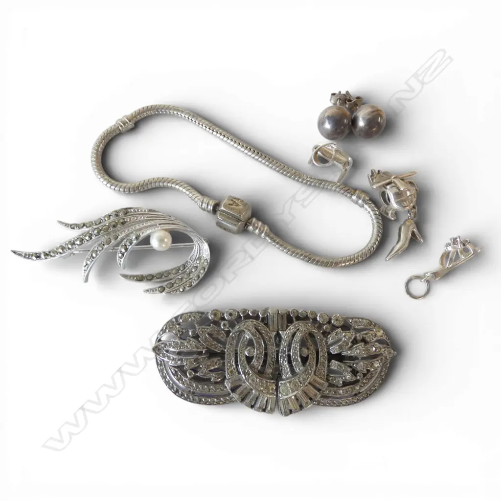 SILVER: & MARCASITE BROOCH + 4 CHARMS + BALL EARRINGS + other jewellery: Deco clip + Pandora bracelet Image 1++