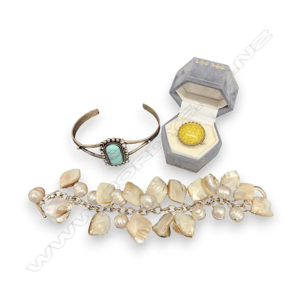 FRESHWATER PEARLS & SHELL BRACELET, TURQUOISE COLOURED CUFF BRACELET, COSTUME RING Image 1++
