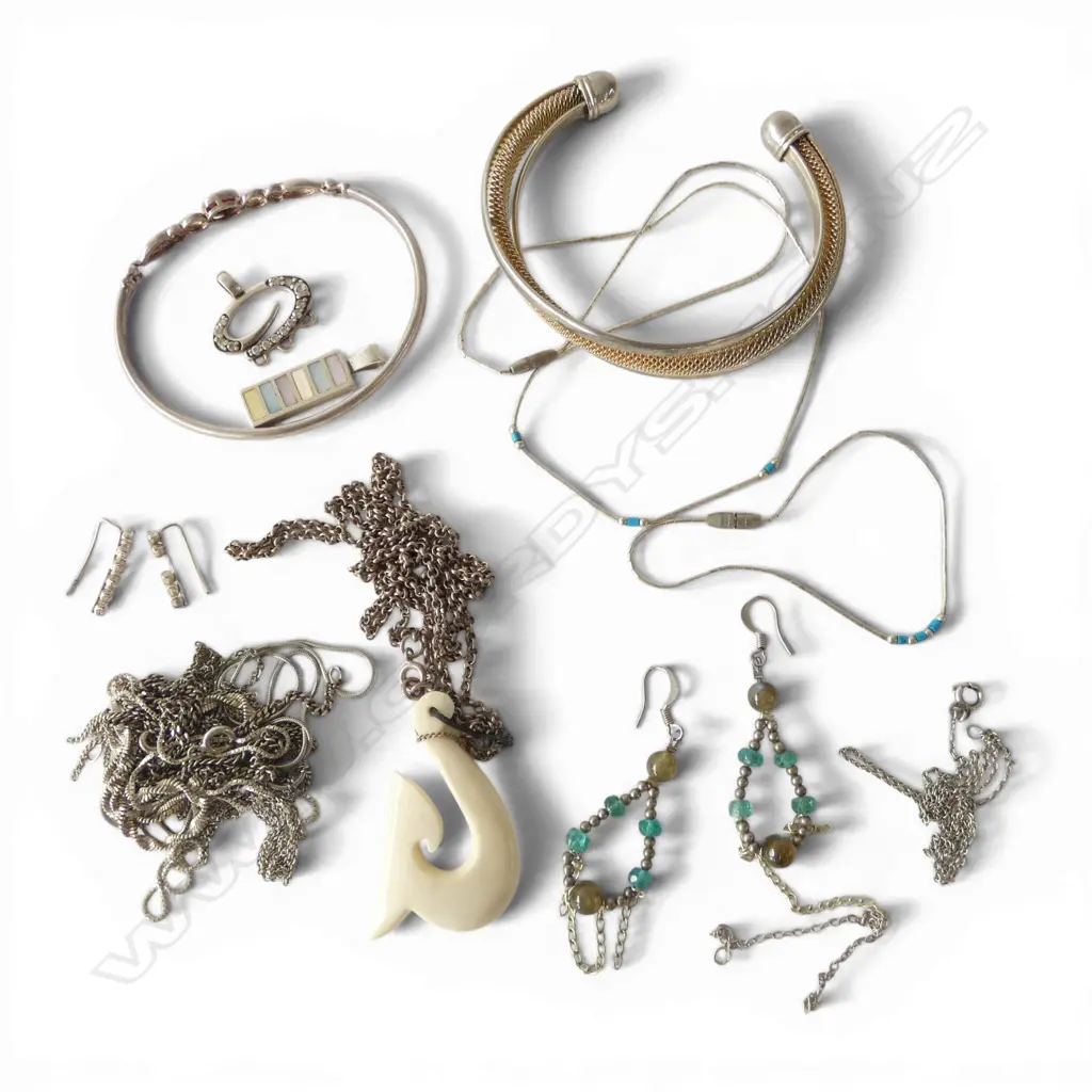 ASST. MAINLY SILVER JEWELLERY: necklaces + bracelets + earrings etc some faults 90gms Image 1++