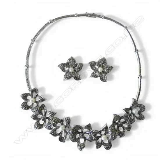 STG SILVER, MARCASITE & PEARL FLORAL PENDANT NECKLACE & PR EARRINGS