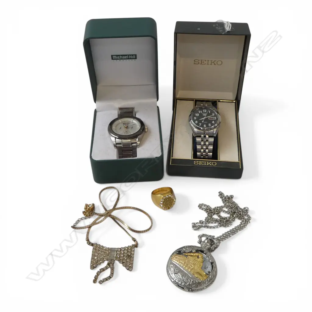 2 SEIKO WATCHES: SOLAR 100M + '5' + Modern pocket watch & costume jewellery Image 1++