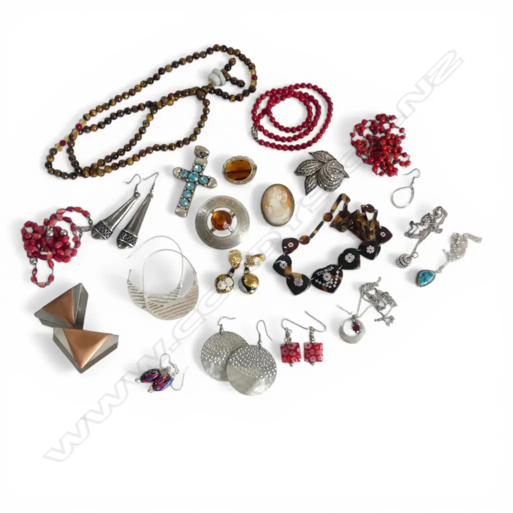 ASST. JEWELLERY incl TIGERS EYE BEADS, TORTOISE SHELL NECKLACE, etc. Image 1++