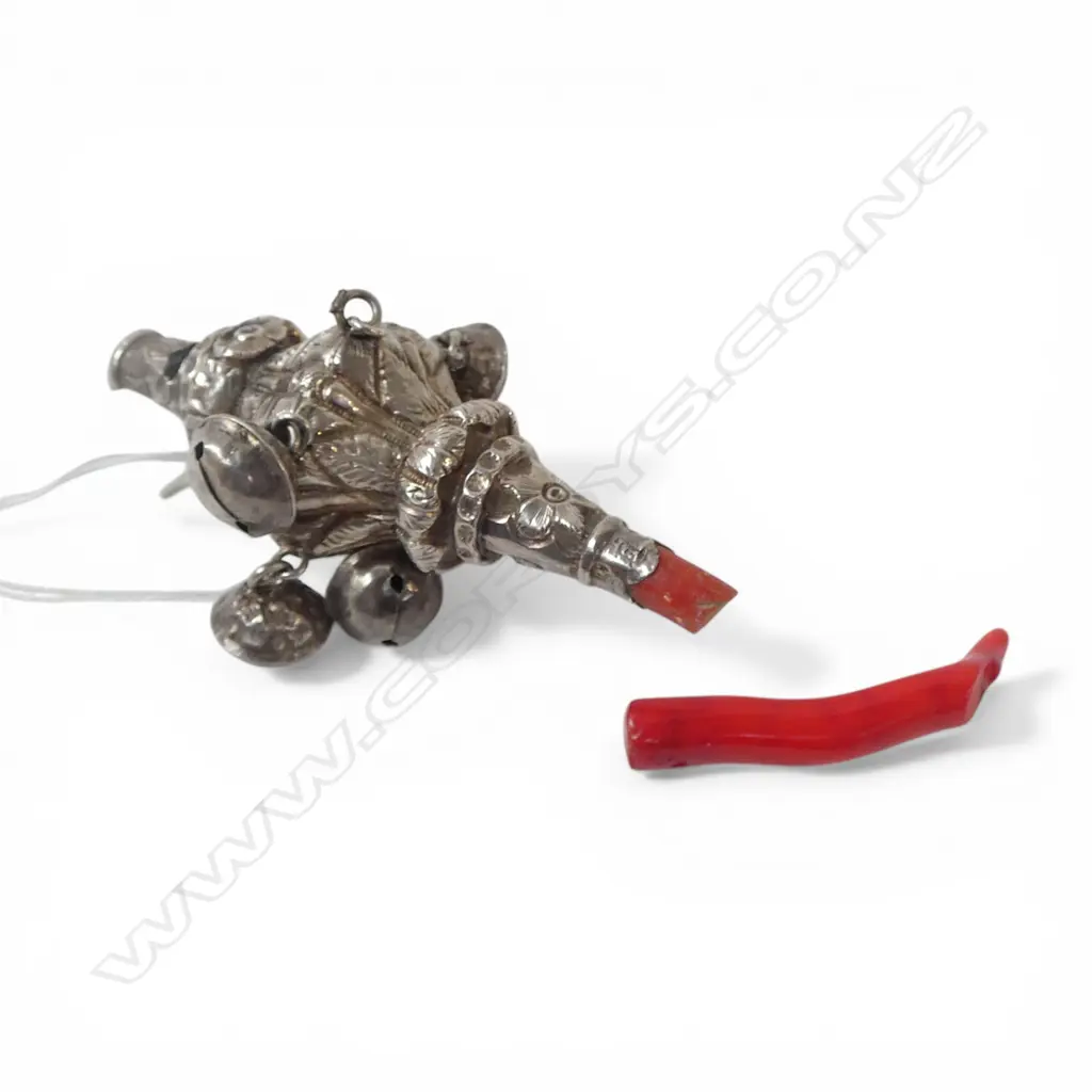 1868 S/SILVER & CORAL BABY RATTLE CORAL BROKEN TOTAL WEIGHT25GMS; SPARE CORAL IN BAG Image 1++