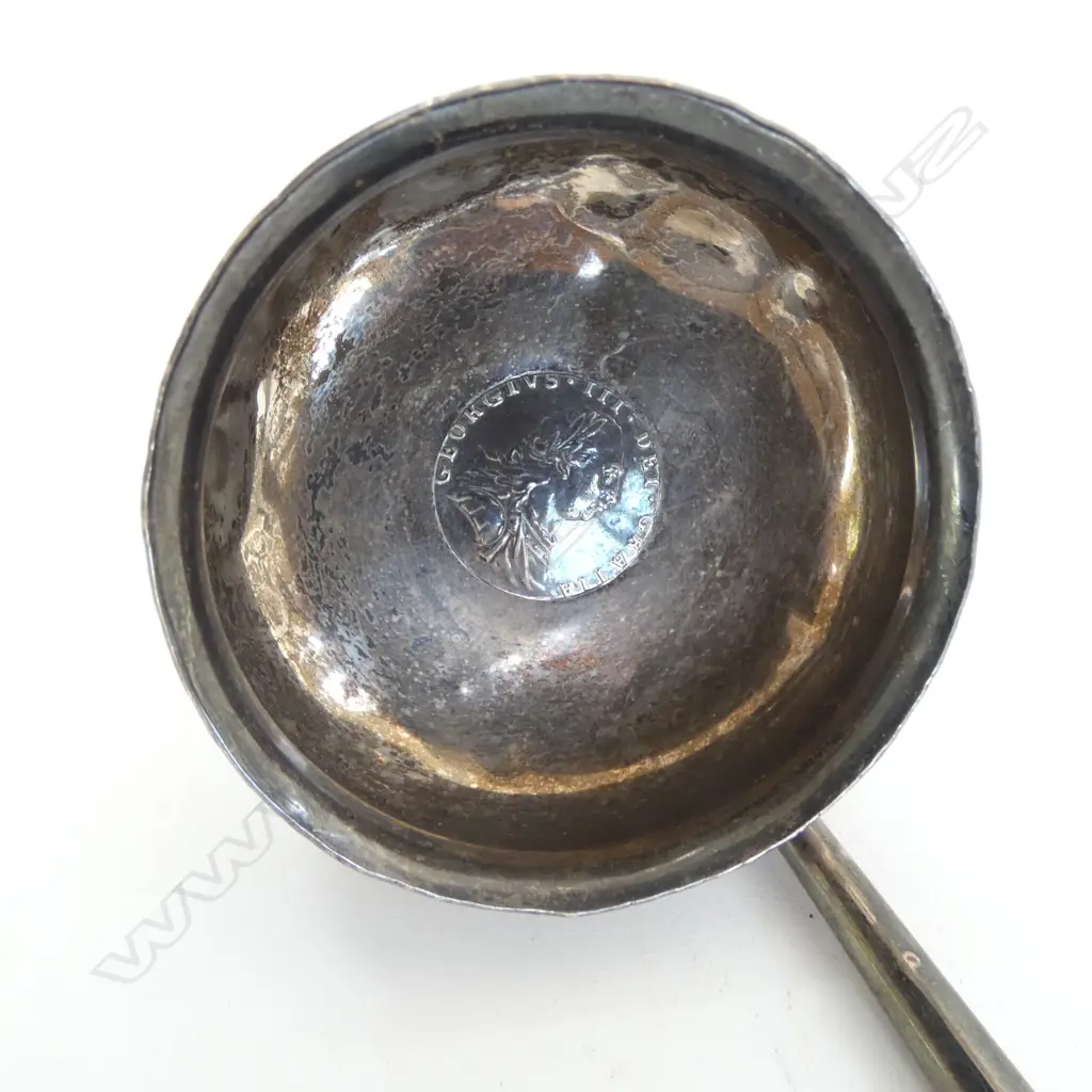 GEORGE III SILVER & BALEEN TODDY LADLE silver coin to base  Image 1++