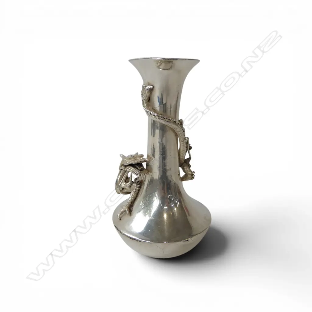 VINTAGE CHINESE SILVER PLATE VASE with full relief entwined dragon H.140mm Image 1++