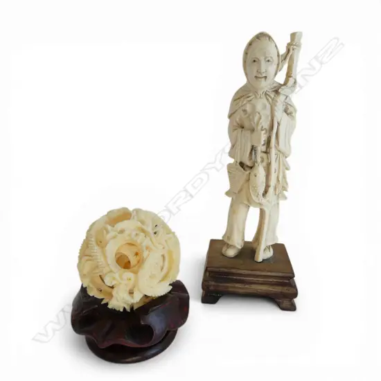 CARVED IVORY FIGURE H.155mm + IVORY PUZZLE BALL 50mm dia ON STAND