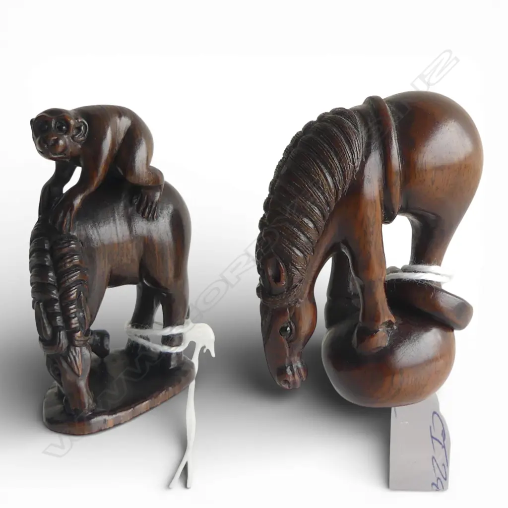 2 JAPANESE CARVED NETSUKE, HORSE & MONKEY + HORSE with captured ring, BOTH SIGNED Image 1++