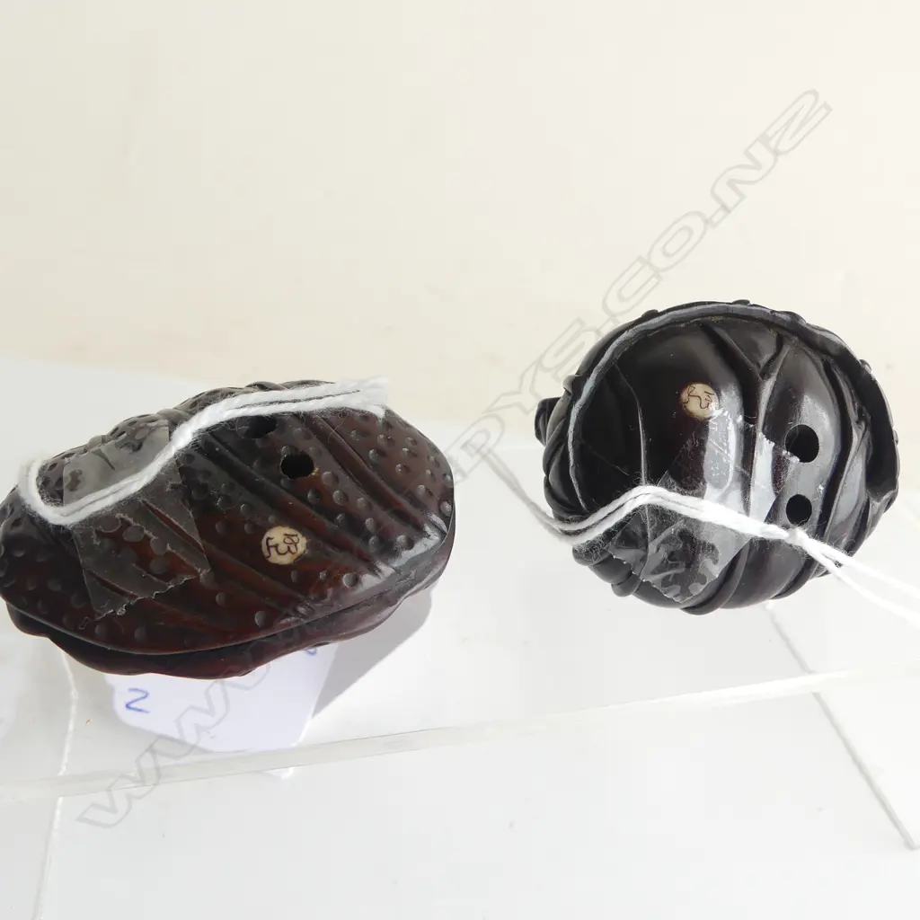 2 JAPANESE CARVED WOOD NETSUKE, BEETLES & TURTLE, BOTH SIGNED Image 1++