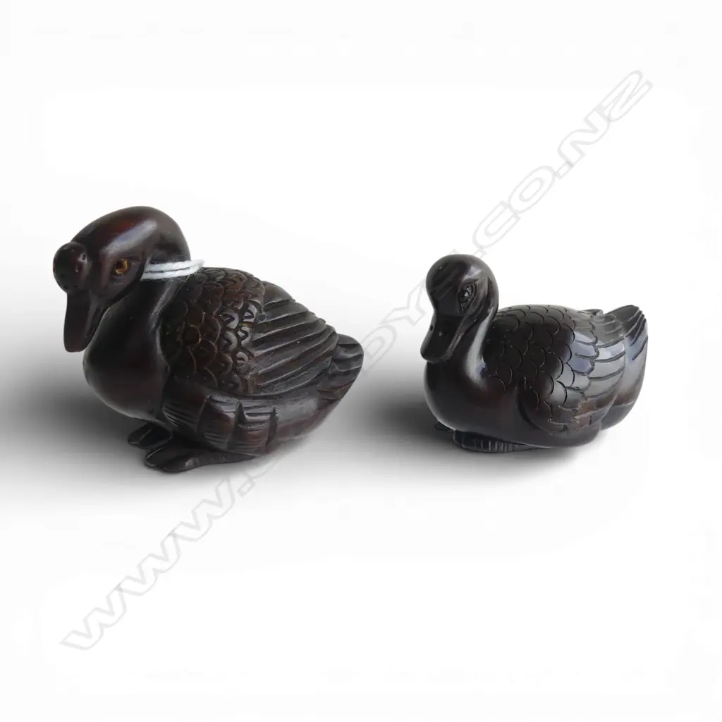 2 JAPANESE CARVED WOOD NETSUKE, DUCK & GOOSE, BOTH SIGNED Image 1++