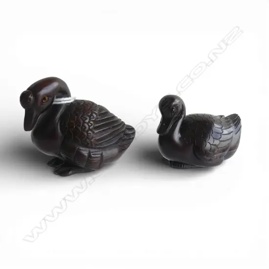 2 JAPANESE CARVED WOOD NETSUKE, DUCK & GOOSE, BOTH SIGNED