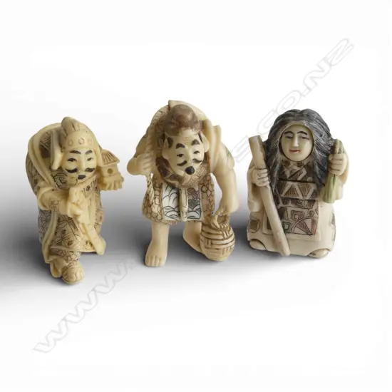 3 ORIENTAL RESIN NETSUKE FIGURES including karakuri type