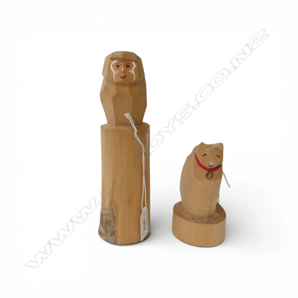 MID CENTURY CARVED WOODEN CAT & MONKEY BOTH SIGNED H210 & 120MM Image 1++