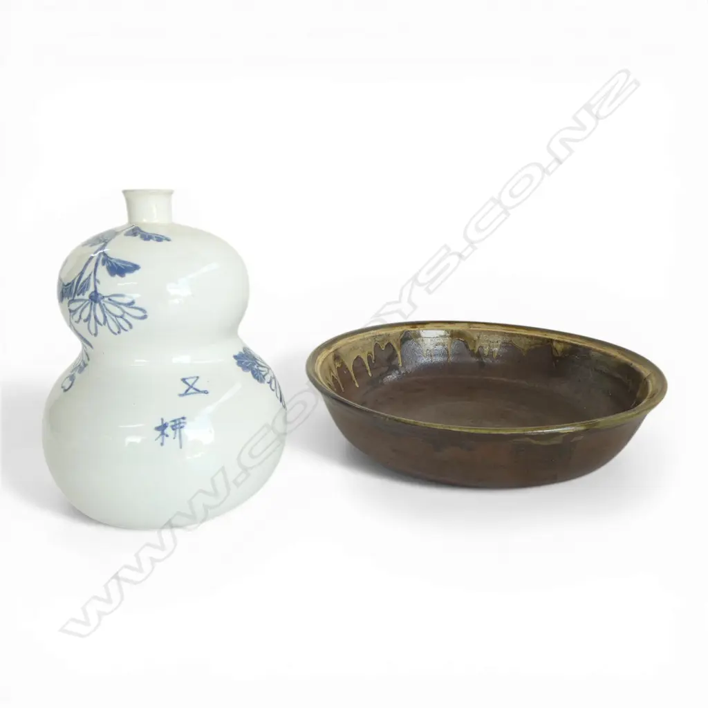 KOREAN DOUBLE GOURD VASE H.170mm, ORIENTAL POTTERY BOWL 260mm dia Image 1++